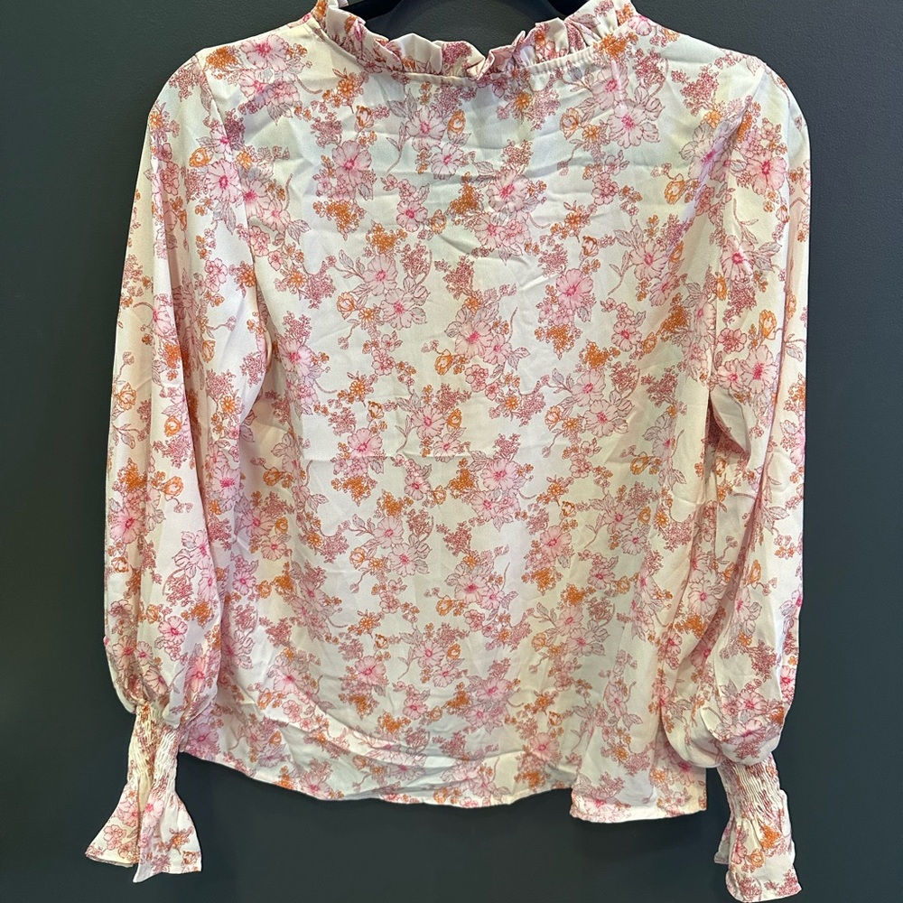 Pink and Cream Puff Sleeve Ruffled Blouse | Small | NWOT - Picture 3 of 4